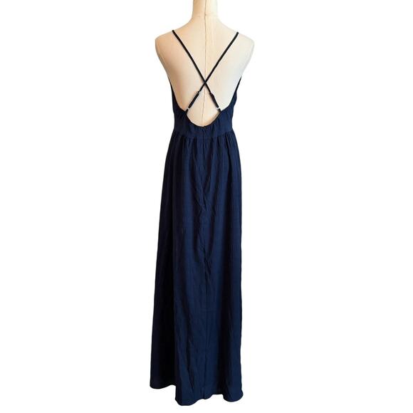 Spaghetti Strap Maxi Dress Womens Medium Blue Deep V Criss Cross Back Summer - Picture 2 of 9